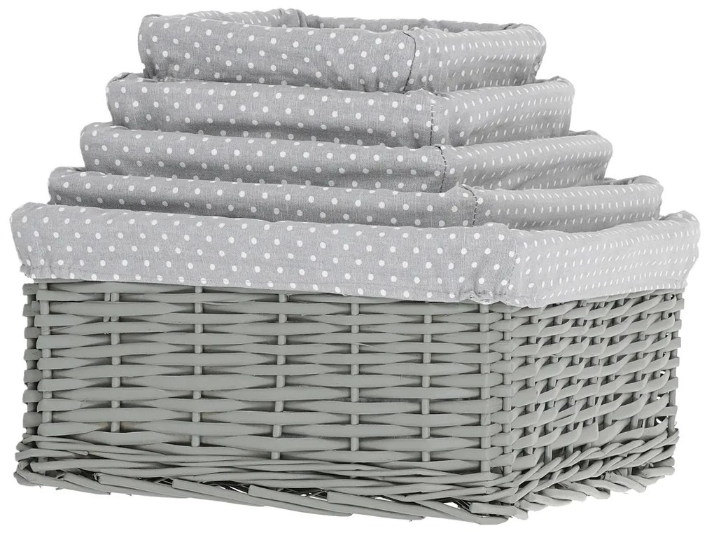 Set coșuri de răchită cu țesătură buline gri, 5 buc., 5 dimensiuni, 48 x 18 x 37 cm