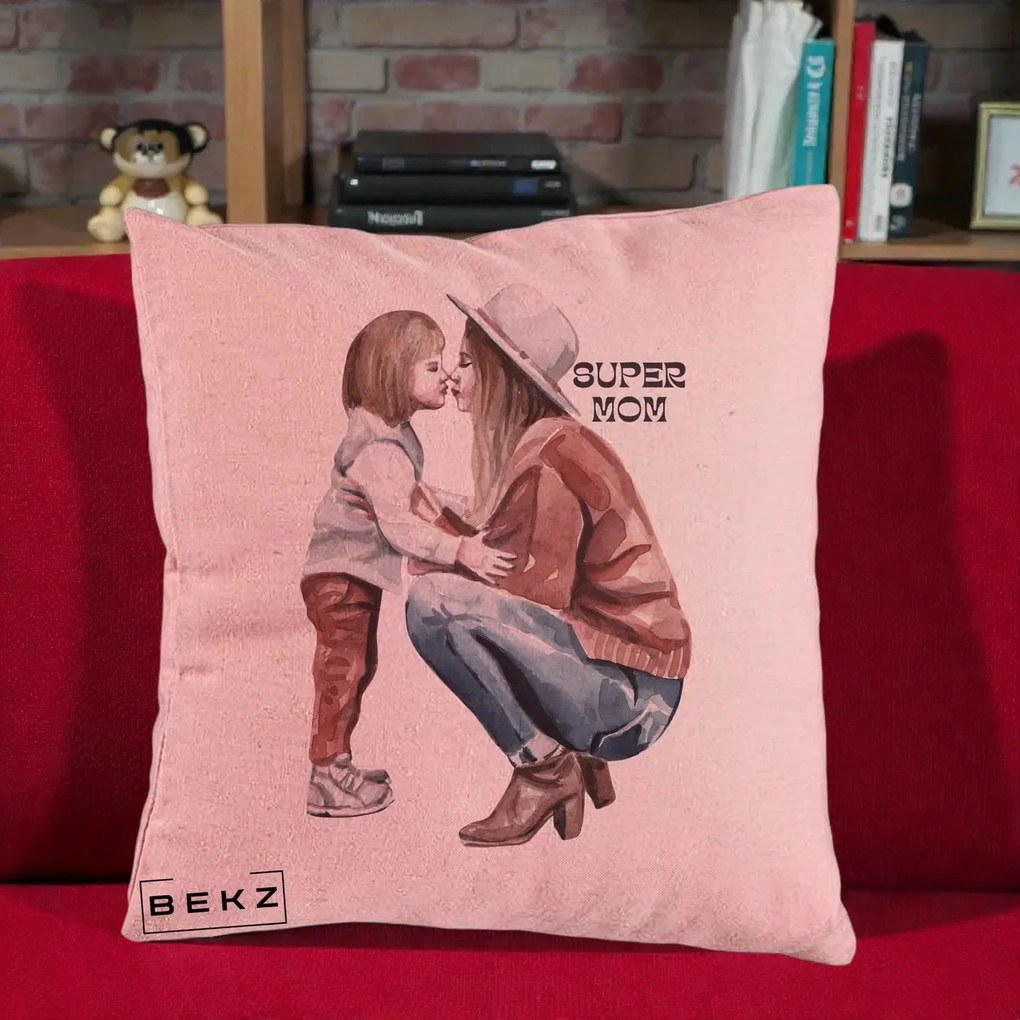 Cadou pentru Mama - Perna Personalizata Super Mom Acuarela, 40x40 cm, Roz, Husa Detasabila, Perna Inclusa, BEKZ®