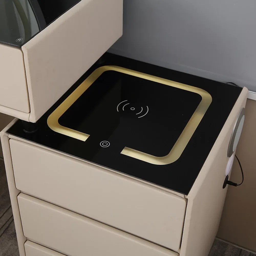 Set ISIDORE – Masă de Toaletă pentru Machiaj, Incarcare Wireless+USB, Oglindă Iluminată LED, Control Touch, 6 sertare, Comodă iluminata LED, Difuzor Bluetooth, Scaun, 80 cm
