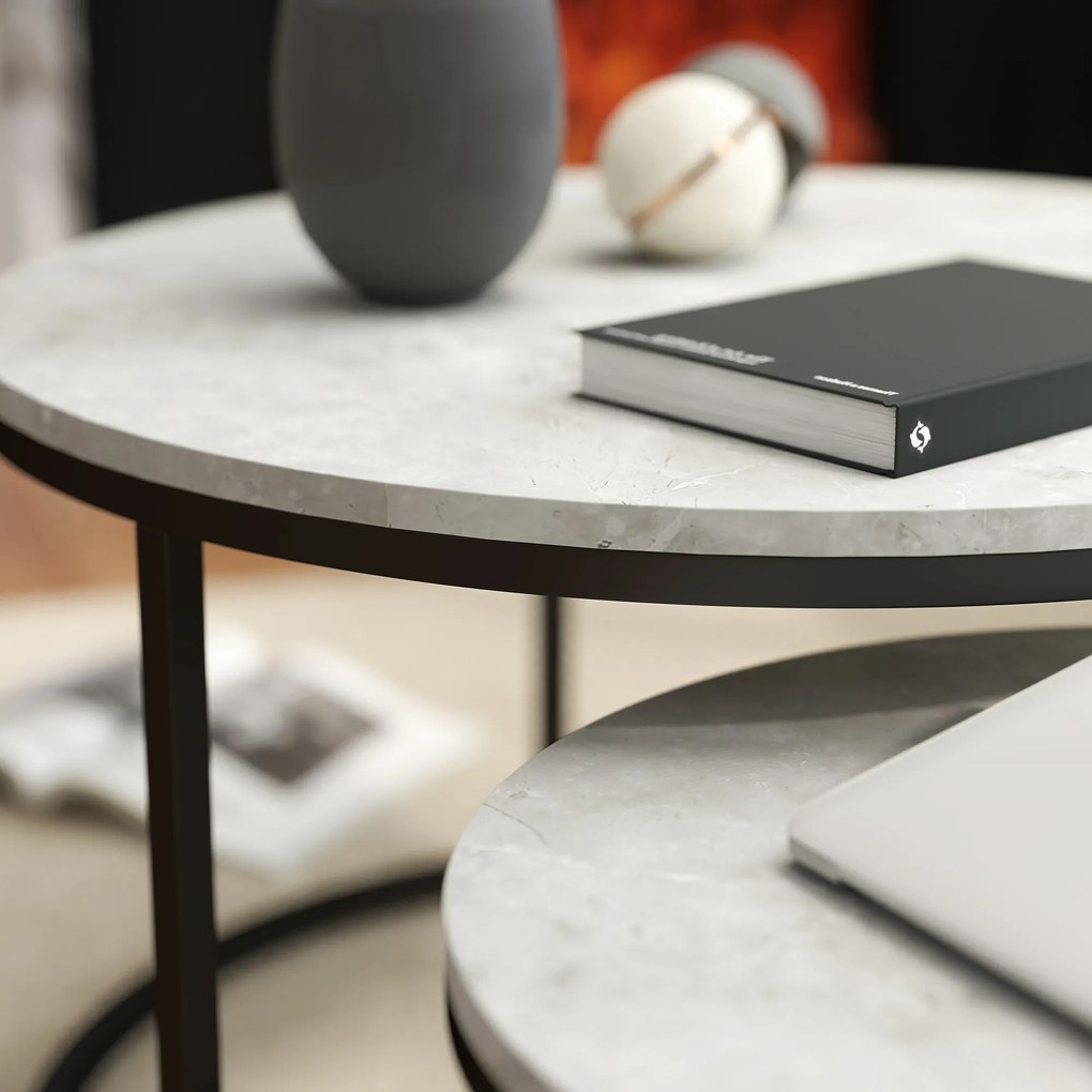 HOMCOM Set 2 Masute de Cafea care se Suprapun, Masute pentru Salon Rotunde din Metal si MDF Efect Marmura, Gri si Negru