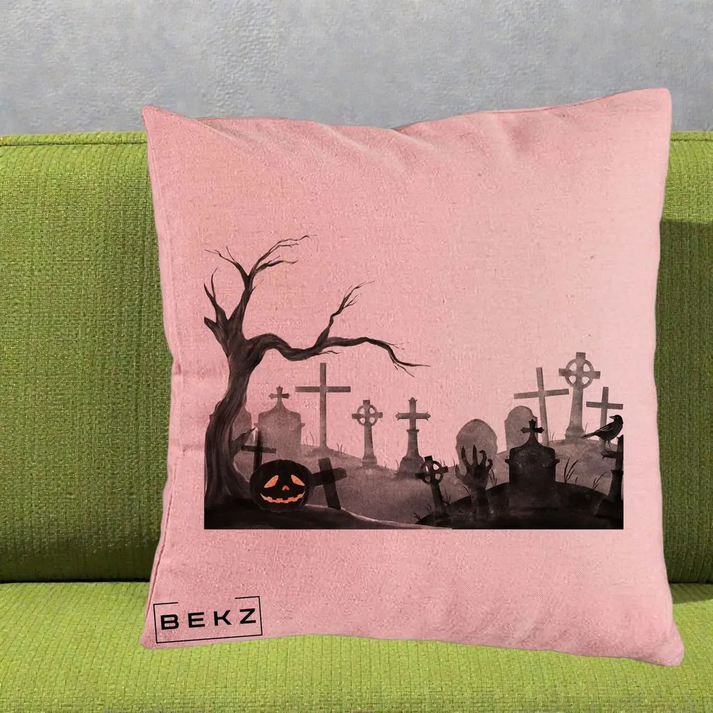 Perna Decorativa Halloween Cimitir Acuarela cu Dovleac, 40x40 cm, Roz, Husa Detasabila, Perna Inclusa, BEKZ®