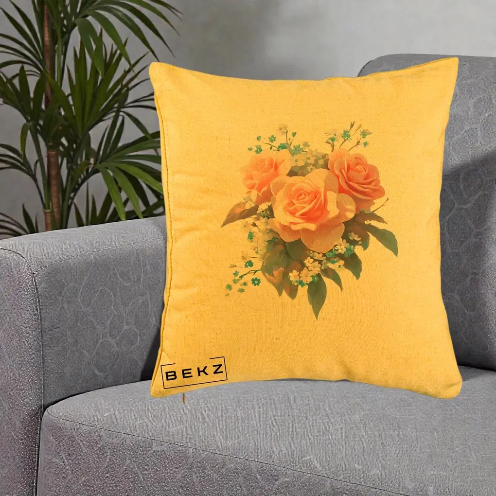 Perna Decorativa Trandafiri Roz cu Floricele Albastre, 40x40 cm, Galben, Husa Detasabila, Perna Inclusa, BEKZ®