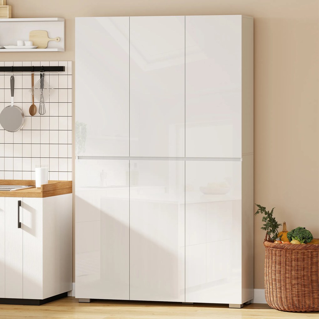 HOMCOM Bufet înalt pentru bucătărie dulap de bucătărie cu finisaj lucios 6 uși cu închidere silențioasă rafturi reglabile alb | Aosom Romania