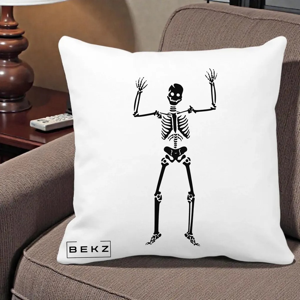 Perna Decorativa Halloween Schelet Dansator, 40x40 cm, Alba Mata, Husa Detasabila, Perna Inclusa, BEKZ®