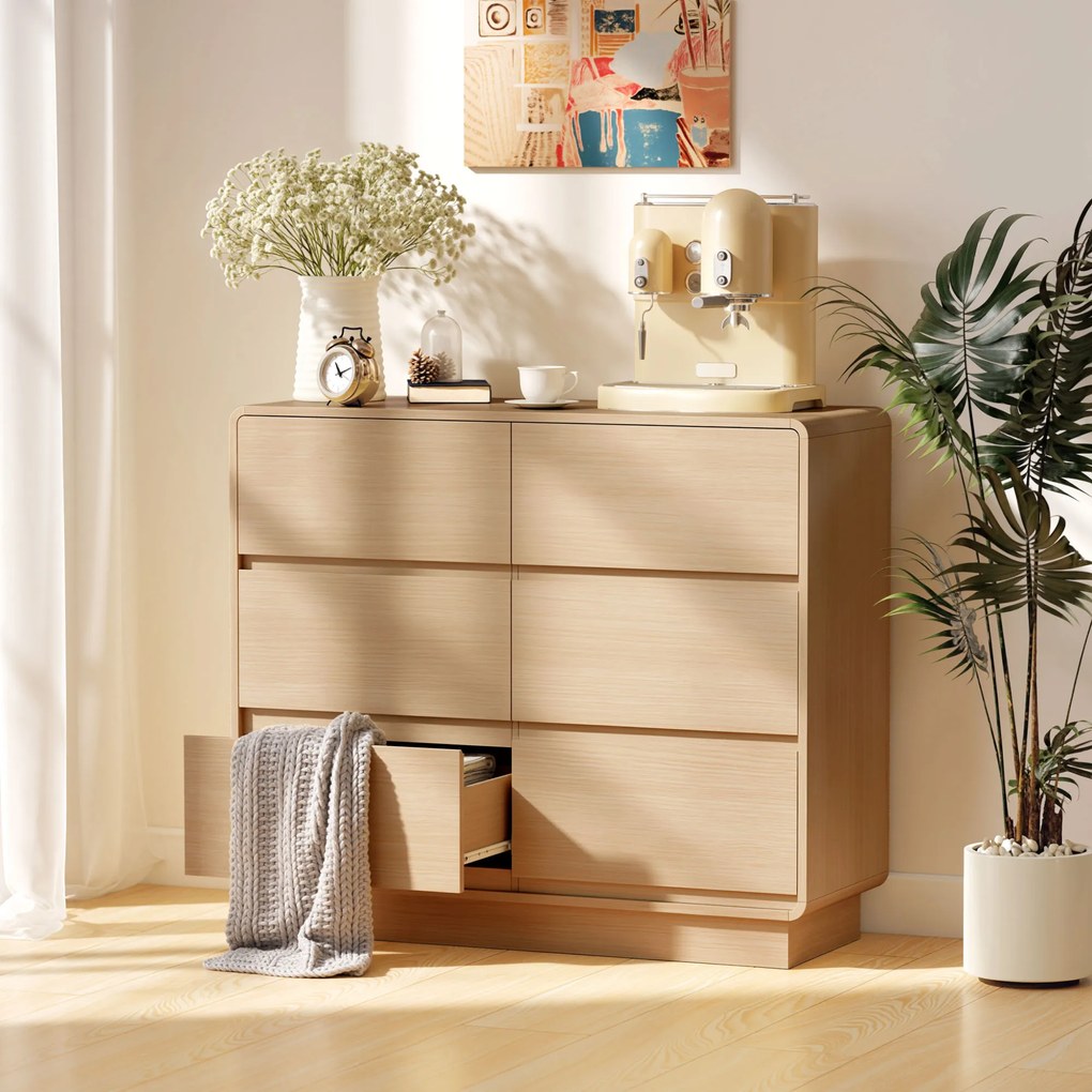 HOMCOM Sideboard 100 cm, bufet cu 6 sertare, comodă pentru bucătărie, living, dining, lemn natural | Aosom Romania