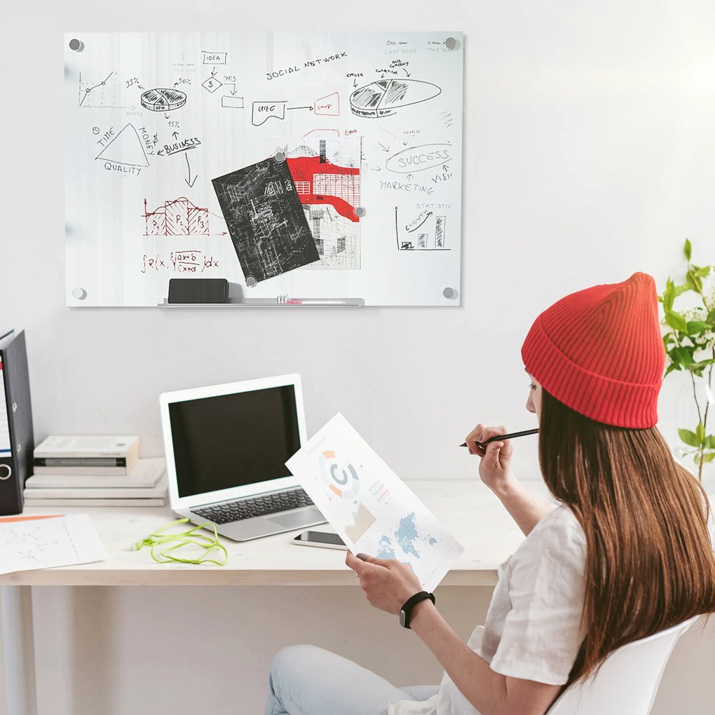 Vinsetto Tablă de Sticlă Albă cu 4 Markere și Burete de Șters 90x60x0.4 cm | Aosom Romania