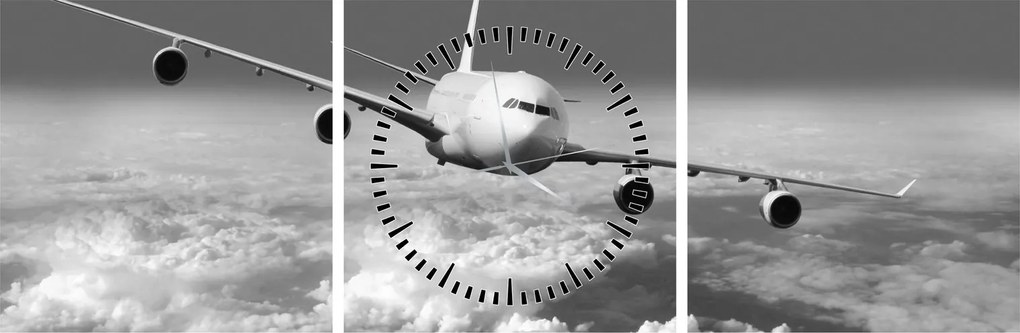 Tablou - Avion în nori, alb și negru (cu ceas) (90x30 cm)