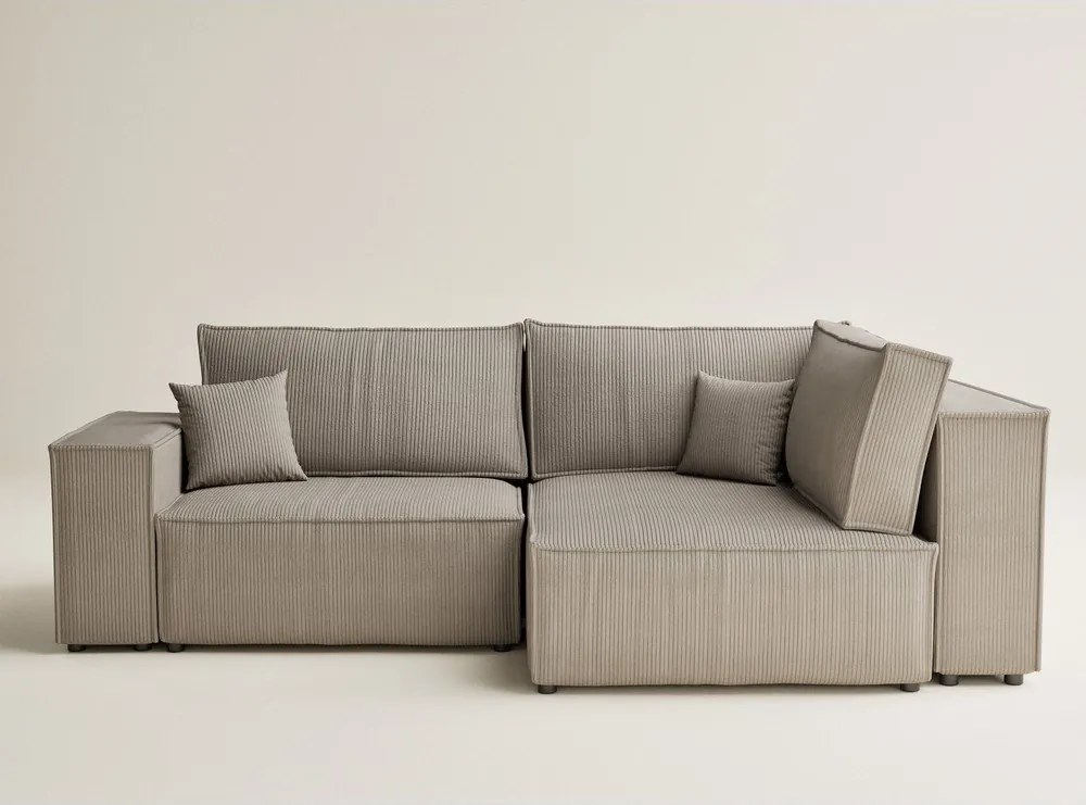 Colțar bej extensibil/cu spațiu de depozitare cu tapițerie din catifea reiată (cu colț pe partea dreaptă/în formă de ”L”) Tonga – Maison de Rêve