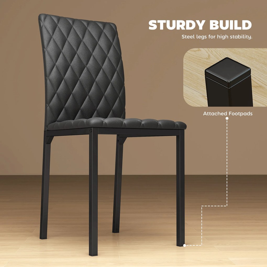 HOMCOM Set de 4 Scaune din Piele Ecologică cu Cusături Romboidale și Picioare din Oțel, 41x50x91 cm, Negru | Aosom Romania