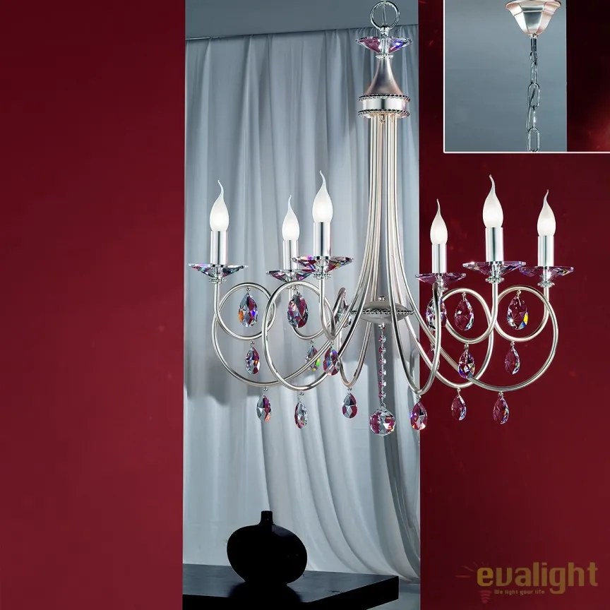 Candelabru 6 brate stil clasic cu cristale Swarovski Giada argintiu mat