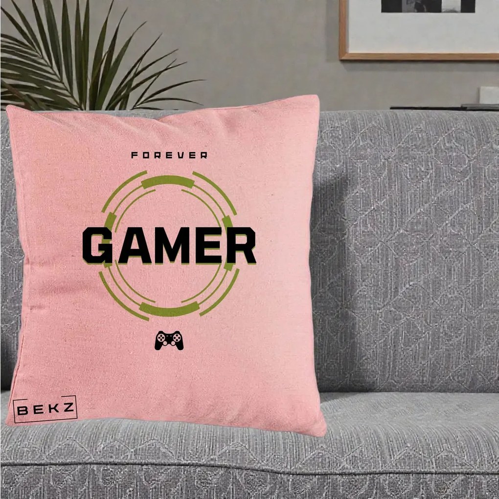 Perna Personalizata Forever Gamer, 40x40 cm, Roz, Husa Detasabila, Perna Inclusa, BEKZ®