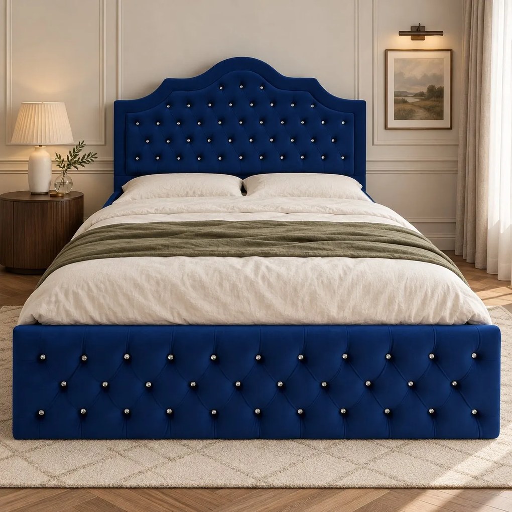 Pat tapițat Chesterfield din catifea Imperio Deluxe 180×200 cm, bleumarin, cu ladă de depozitare