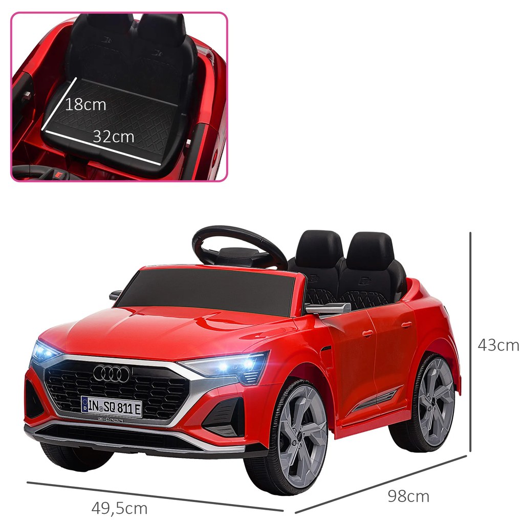 AIYAPLAY Mașinuță Electrică pentru Copii Audi Q8 Etron Sportback cu Baterie 12V Telecomandă Faruri Claxon și Muzică Roșu | Aosom Romania