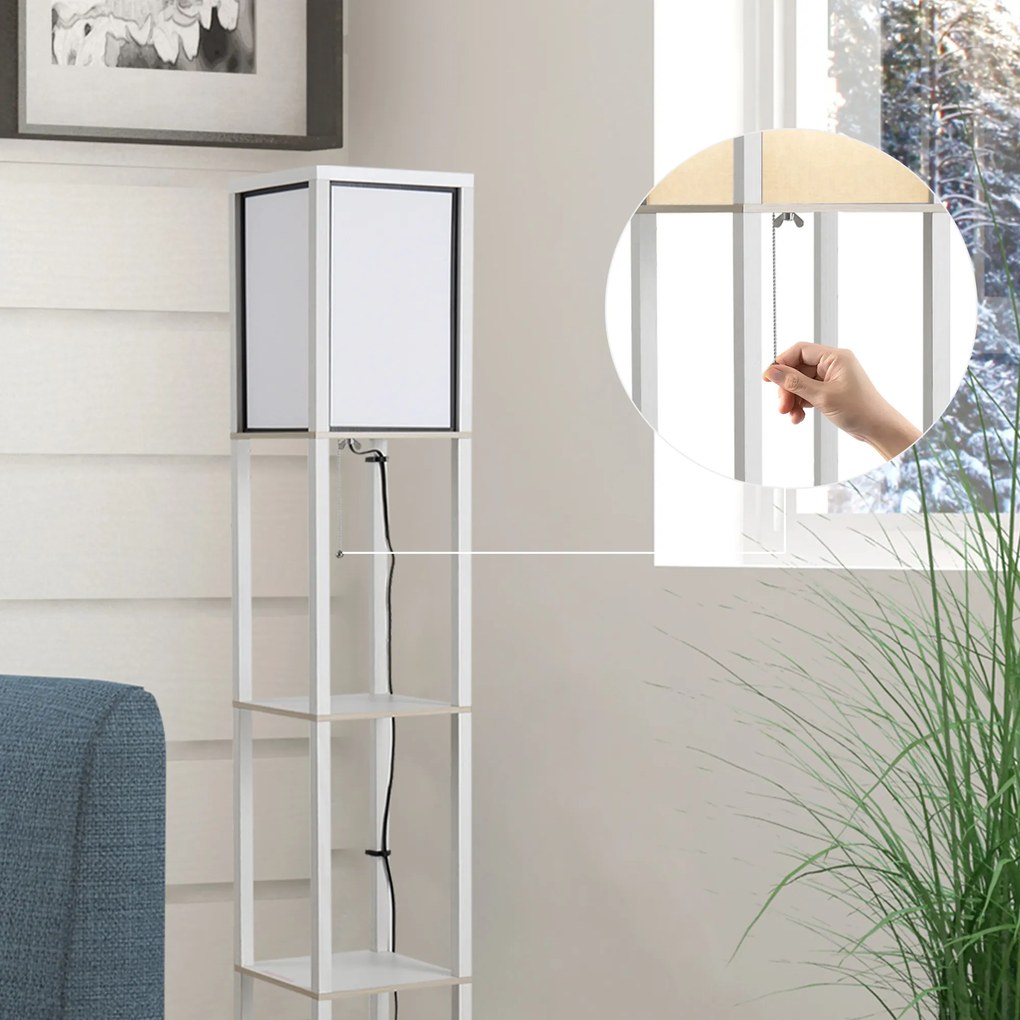 HOMCOM Lampă de Podea 40W cu 3 Rafturi Integrate și Comutator de Picior, Lampă Modernă din MDF și Acrilic, 26x26x160 cm, Alb | Aosom Romania