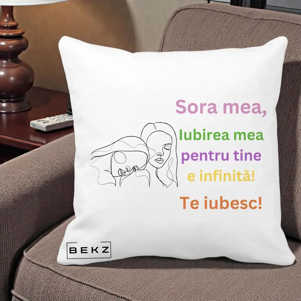 Cadou pentru Sora - Perna Personalizata Sora Mea Te Iubesc Line Art Fete Colorate Brate Ridicate, 40x40 cm, Alba Mata, Husa Detasabila, Perna Inclusa, BEKZ®