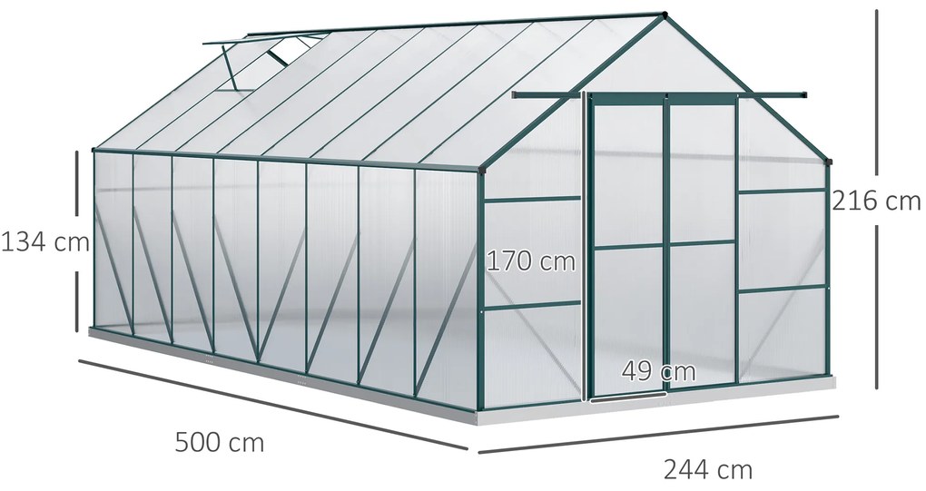 Outsunny Seră din Aluminiu, Seră de Grădină din Policarbonat pentru Plante, Legume, Fructe, 244x500x216 cm, Transparentă | Aosom Romania