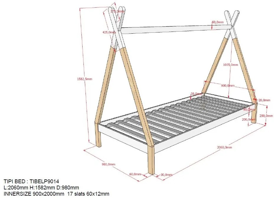 Set TIPI este format din Pat copiiul înălțat fără gard (90 x 200 cm), un sertar alb și un set textil asortat.
