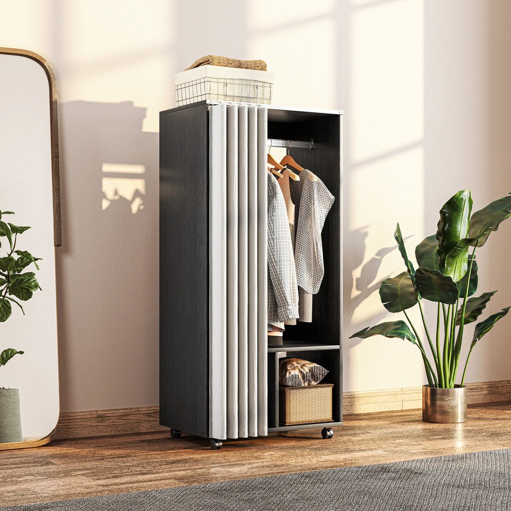 HOMCOM Dulap penderie Dulap de Depozitare Mobil cu cortină, Panouri de Particule, tijă suspendare, negru | Aosom Romania
