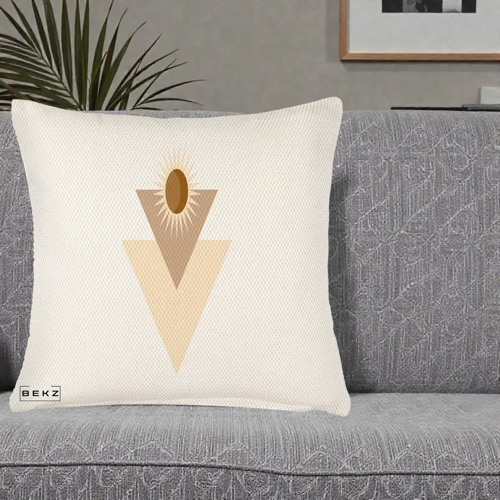 Perna Decorativa Boho Sun cu Triunghiuri Bej si Oval Solar, 40x40 cm, Crem Reliefat, Husa Detasabila, Perna Inclusa, BEKZ®