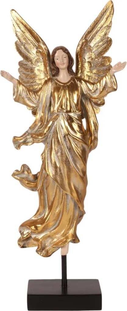 Statuetă decorativă din polirășină, crem, înger pe suport, detalii aurii, 50 x 21 x 12,5 cm, „Gabriel”