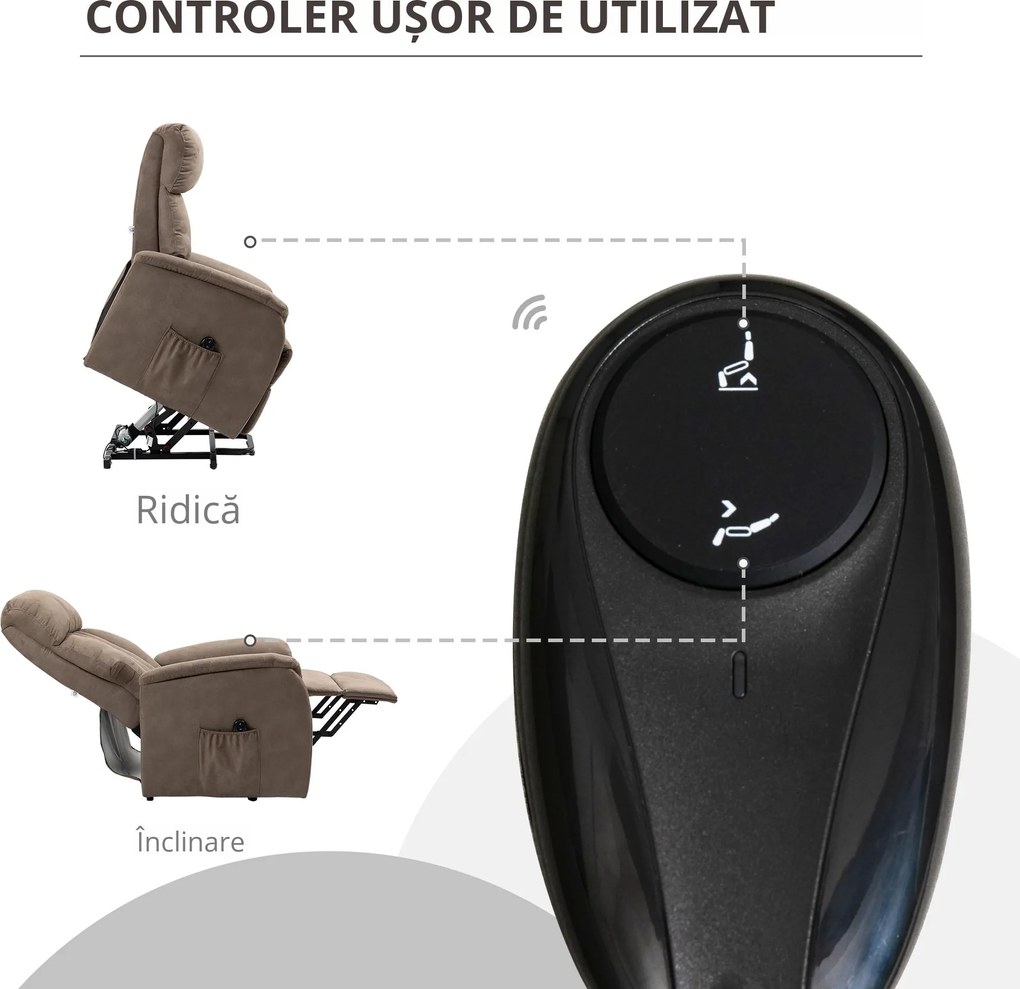 HOMCOM Fotoliu Ridicare Persoane Rabatabil 150° max cu Telecomanda si Suport pentru Picioare, 75x93x110 cm, Maro | Aosom Romania
