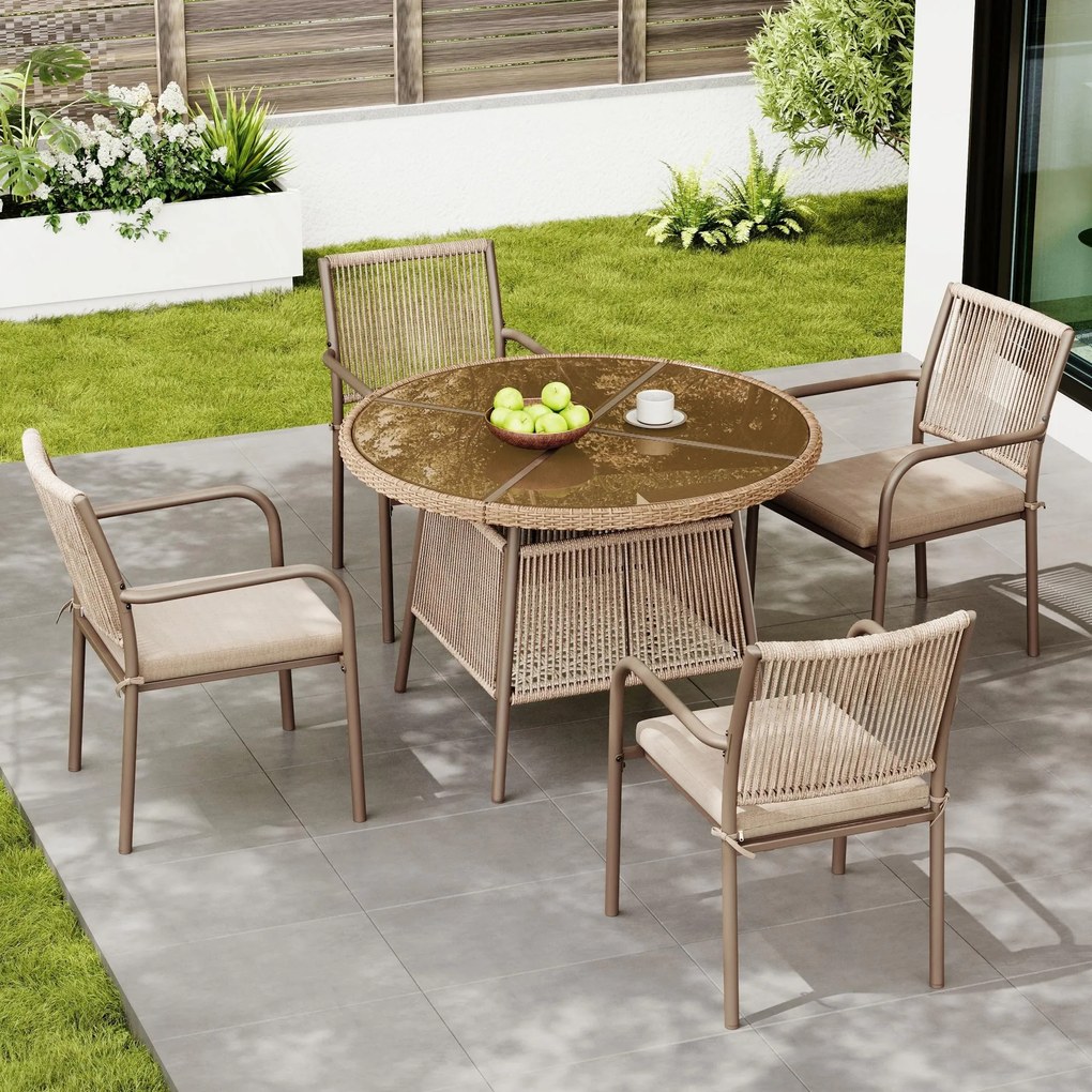 Set mobilier de grădină modern, 5 piese, masă rotundă cu blat din sticlă securizată, 4 scaune cu brațe cu spătar din sfoară, Maro