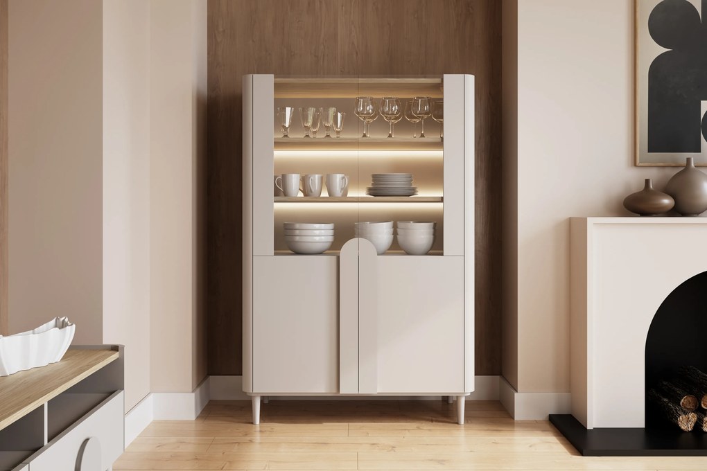 Vitrină cu picioare Amilio 100 cm, două uși - cașmir / stejar uleiat / mânere cașmir