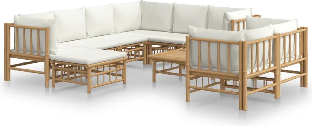 vidaXL Set mobilier de grădină, cu perne alb crem, 10 piese, bambus