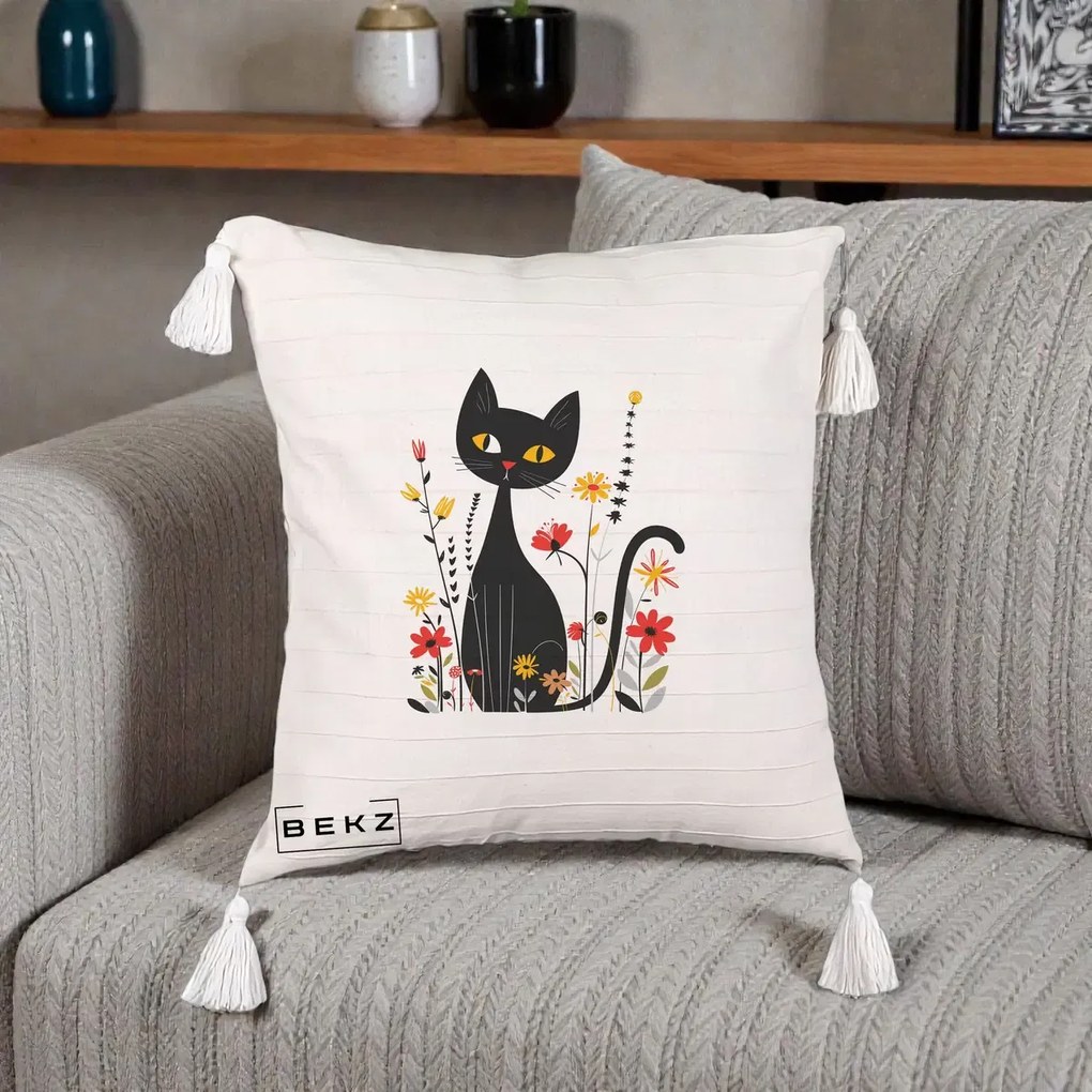 Perna Decorativa Pisica Neagra Ochi Galbeni Flori, 40x40 cm, Bej cu Franjuri, Husa Detasabila, Perna Inclusa, BEKZ®