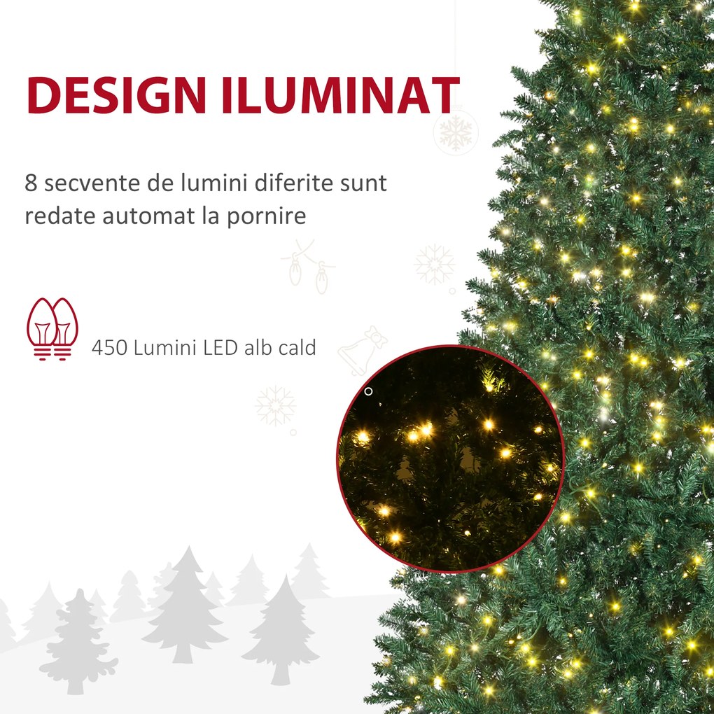 Brad de Craciun Artificial 225 cm cu 450 de Lumini LED 1146 Ramuri, Baza din Metal Pliabil, Φ106x225cm, Verde HOMCOM | Aosom Romania