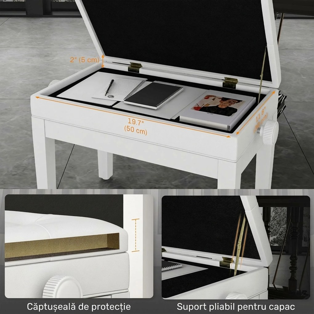 Scaun de Pian HOMCOM Reglabil cu Compartiment de Depozitare și Scaun Imbunătățit, 54.5x33x48-58 cm, Alb | Aosom Romania