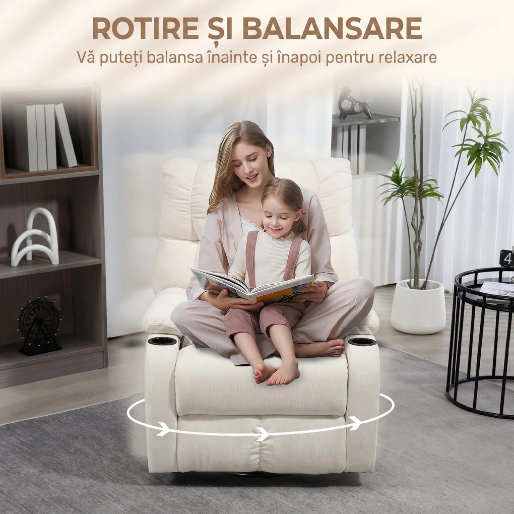 HOMCOM Fotoliu Modern Reclinabil 135° cu Suport pentru Picioare și Suporturi pentru Pahare Bej | Aosom Romania