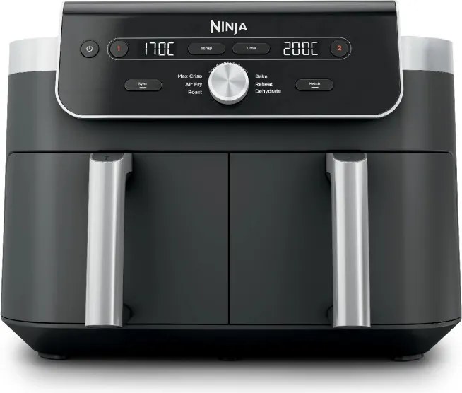Friteuza cu aer cald Ninja Foodi Dual Zone DZ901EU, 2470 W, Zone de gatit independente, 9,5 l, 6 programe, 40-240°C, Max Crisp, Sync, Gri/Inox
