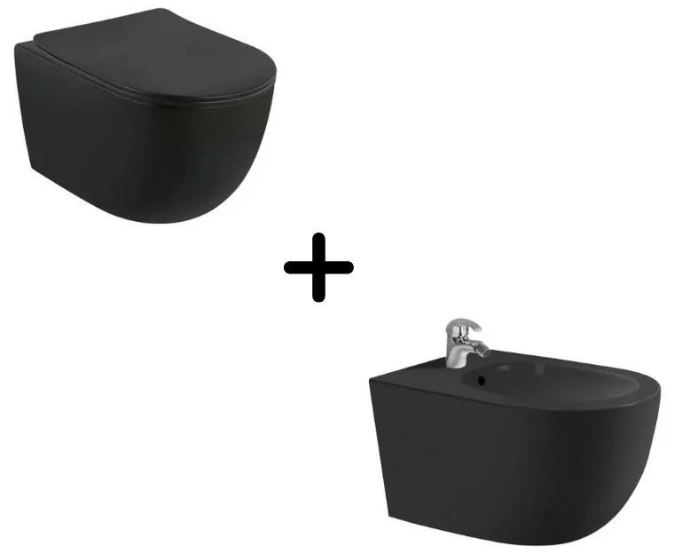 Set vas wc negru suspendat, rimless, cu capac soft close si bideu inclus, Minerva