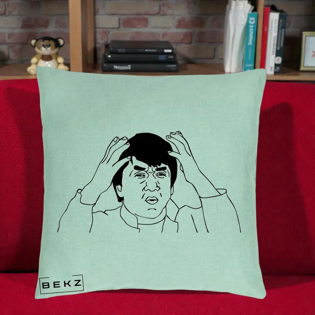 Perna Decorativa Jackie Chan WTF, 40x40 cm, Verde Menta, Husa Detasabila, Perna Inclusa, BEKZ®