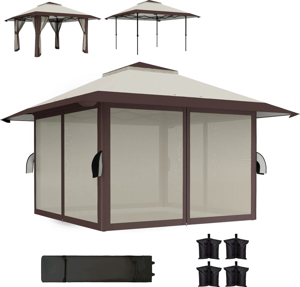 Outsunny Pavilion de grădină 4 x 4 m, cort de grădină cu pereți din plasă, protecție UPF50+, cort de petrecere cu înălțime reglabilă, Bej | Aosom Romania