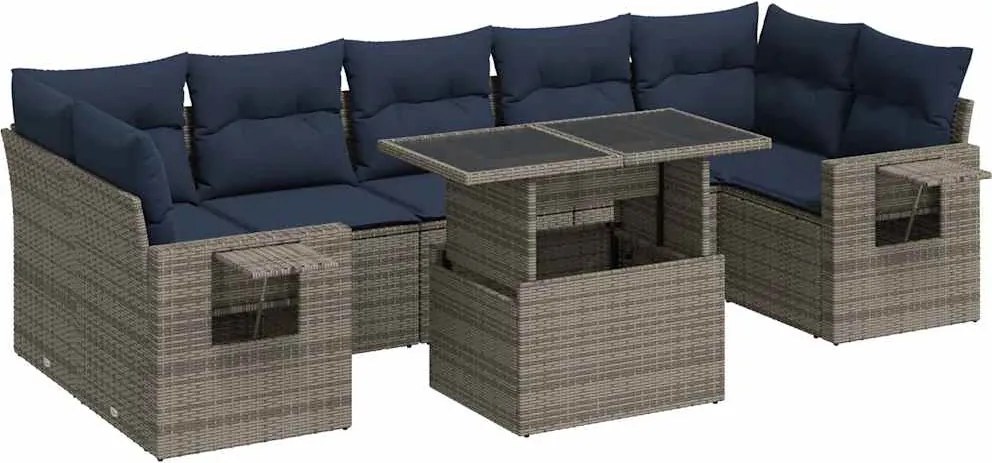 vidaXL Set mobilier grădină perne 8 piese gri, poliratan/lemn acacia
