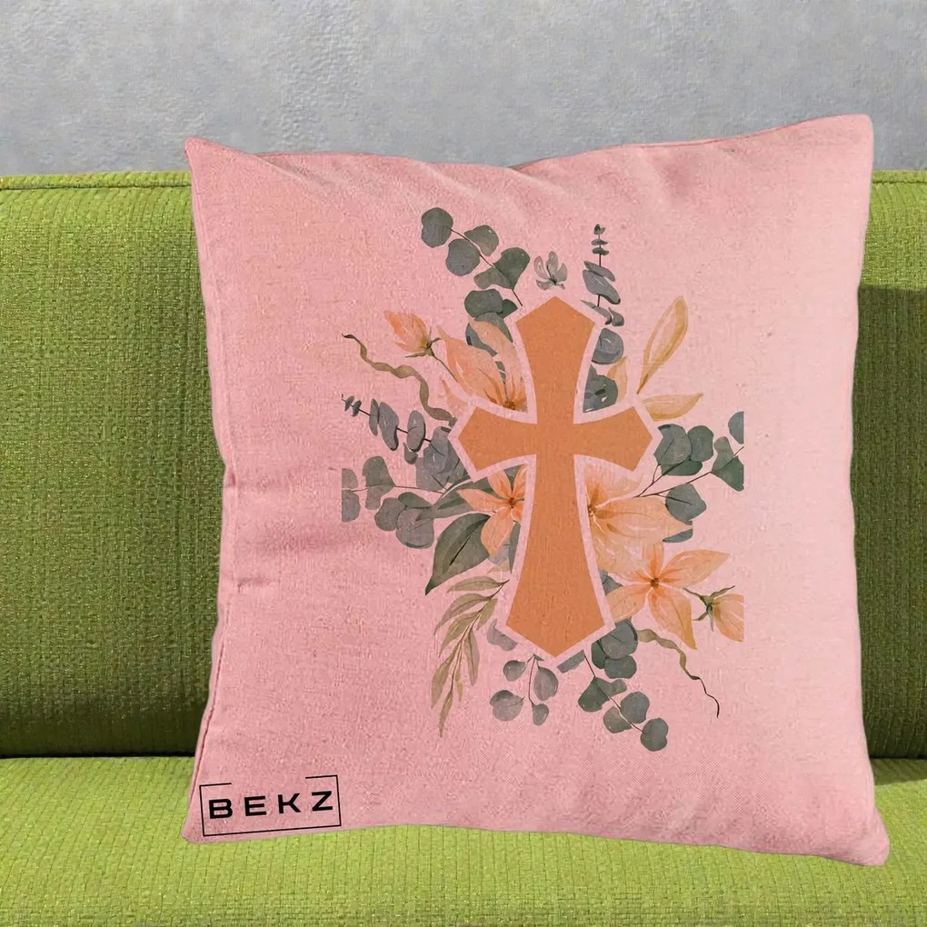 Perna Personalizata Cruce Florala Botez, 40x40 cm, Roz, Husa Detasabila, Perna Inclusa, BEKZ®