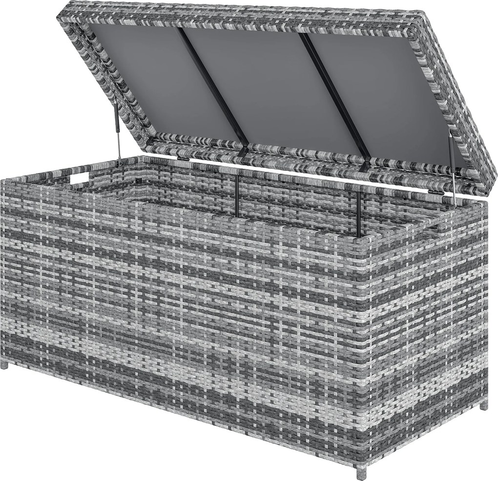 Outsunny Cutie pentru perne din ratan 380 L, rezistentă la intemperii, cu capac, spațiu de depozitare, rezistentă UV, 130 x 61 x 65 cm, gri închis | Aosom Romania