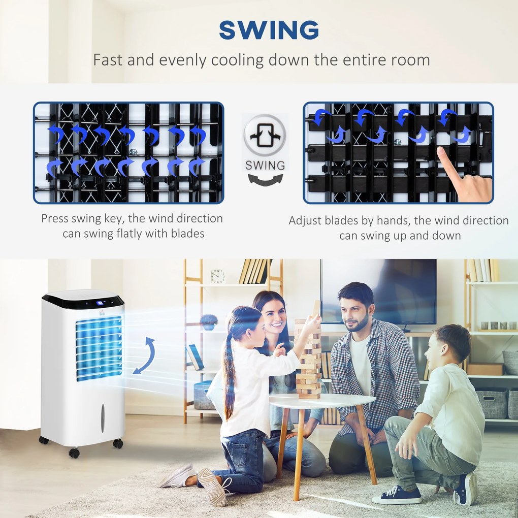 HOMCOM Răcitor de Aer Portabil 4-în-1 de 10L cu Umidificator, Sistem de Răcire, Timer 8 Ore, Telecomandă, pentru Încăperi de până la 20㎡, 60W, ABS, Alb și Negru, 38,2 x 31,6 x 76 cm | Aosom Romania