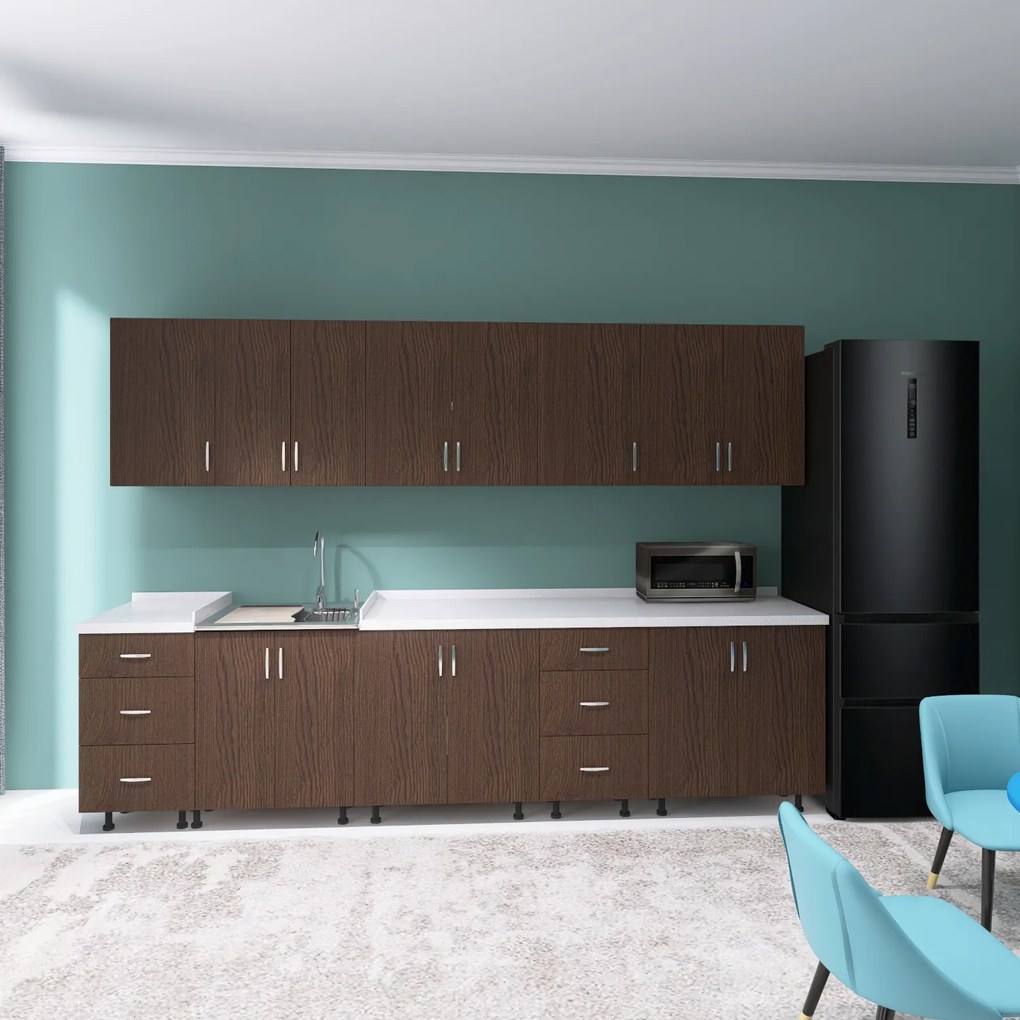 Bucatarie 300 cm Lungime, Material PAL 18mm, Culoare Wenge, Blat termorezistent 2.8 cm Grosime