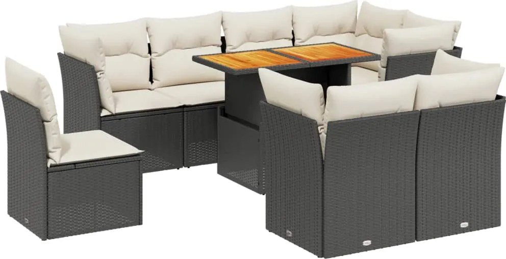 vidaXL Set mobilier de grădină cu perne, 9 piese, negru, poliratan
