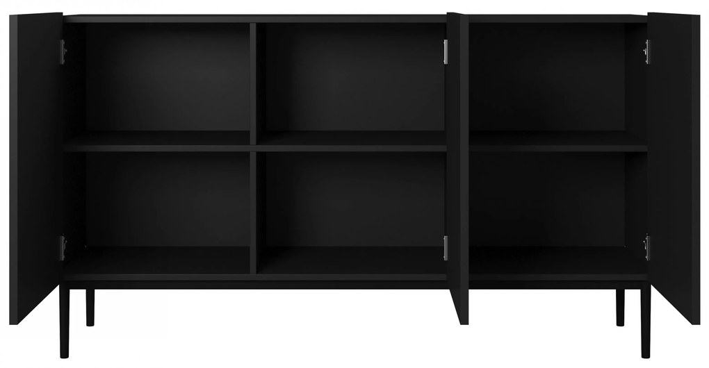Comodă Nicole 150 cm cu trei uși, fronturi riflate - negru mat / picioare negre