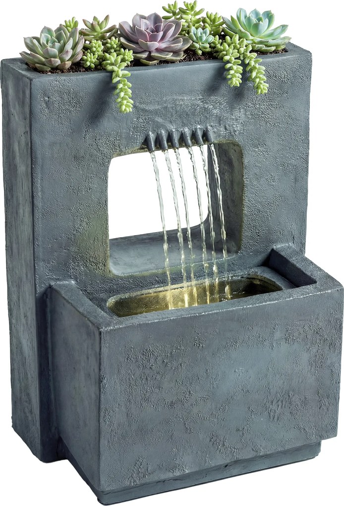 Outsunny Fântână arteziană în 2 trepte, fântână de grădină cu iluminare LED, ghiveci pentru plante, pompă, aspect piatră, reglabil 45 x 31,5 x 58,5 cm | Aosom Romania