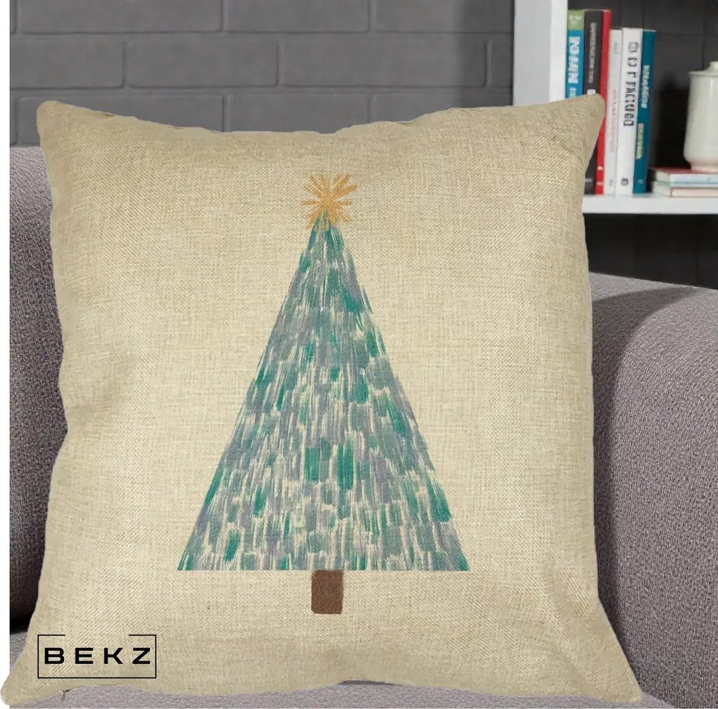 Perna Decorativa Brad de Craciun Acrilic Albastru, 40x40 cm, Crem, Husa Detasabila, Perna Inclusa, BEKZ®
