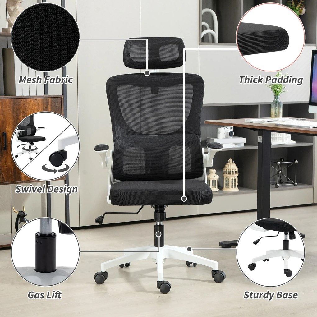Vinsetto Scaun de Birou Ergonomic cu Tetieră Detașabilă Negru | Aosom Romania