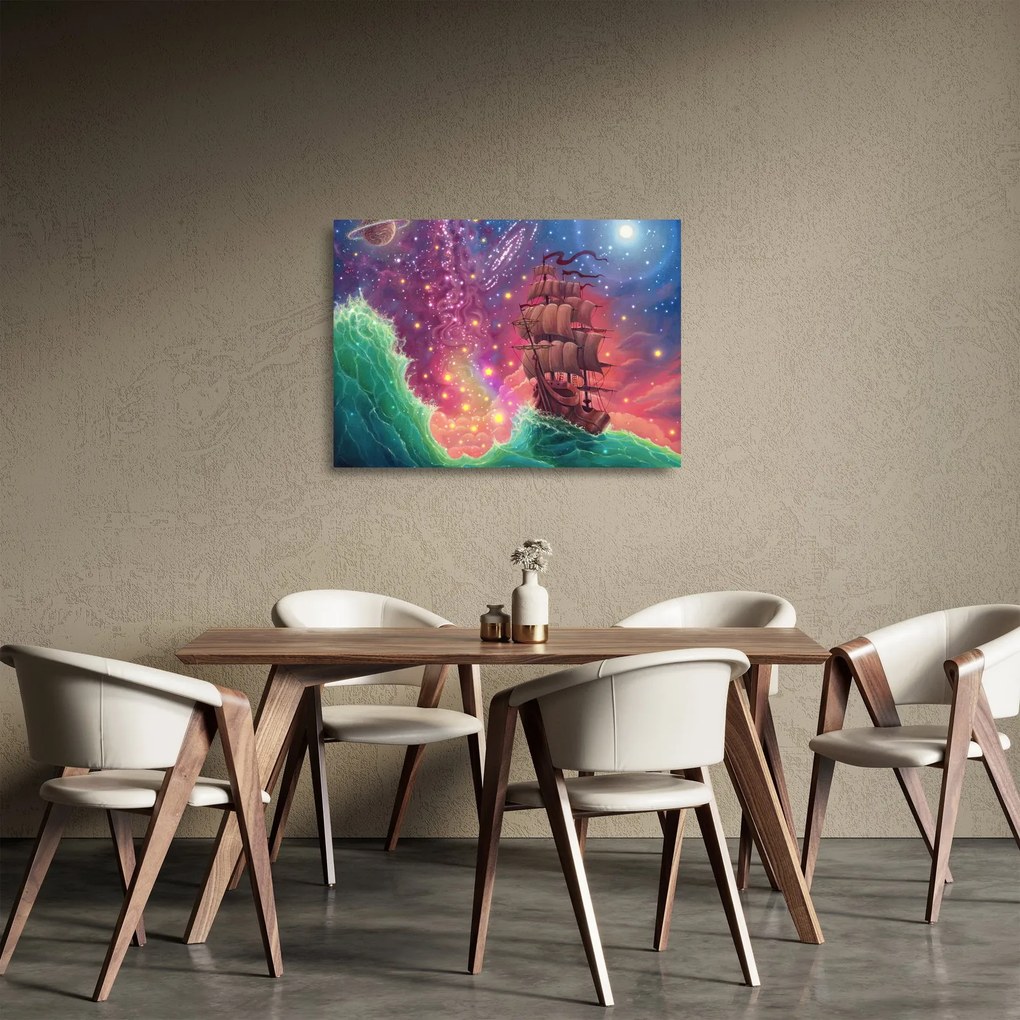 Tablou pe sticlă - Cerul spațial cu navă (70x50 cm)