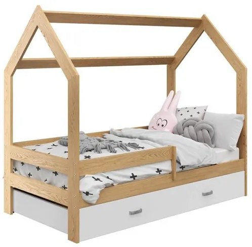 Pat pentru copii Casuta D3 pin 80x160 cm lemn de pin Saltele: fără saltea, Cutie depozitare pat: Cu sertar de pin, Somiera pat: Cu lamele curbate