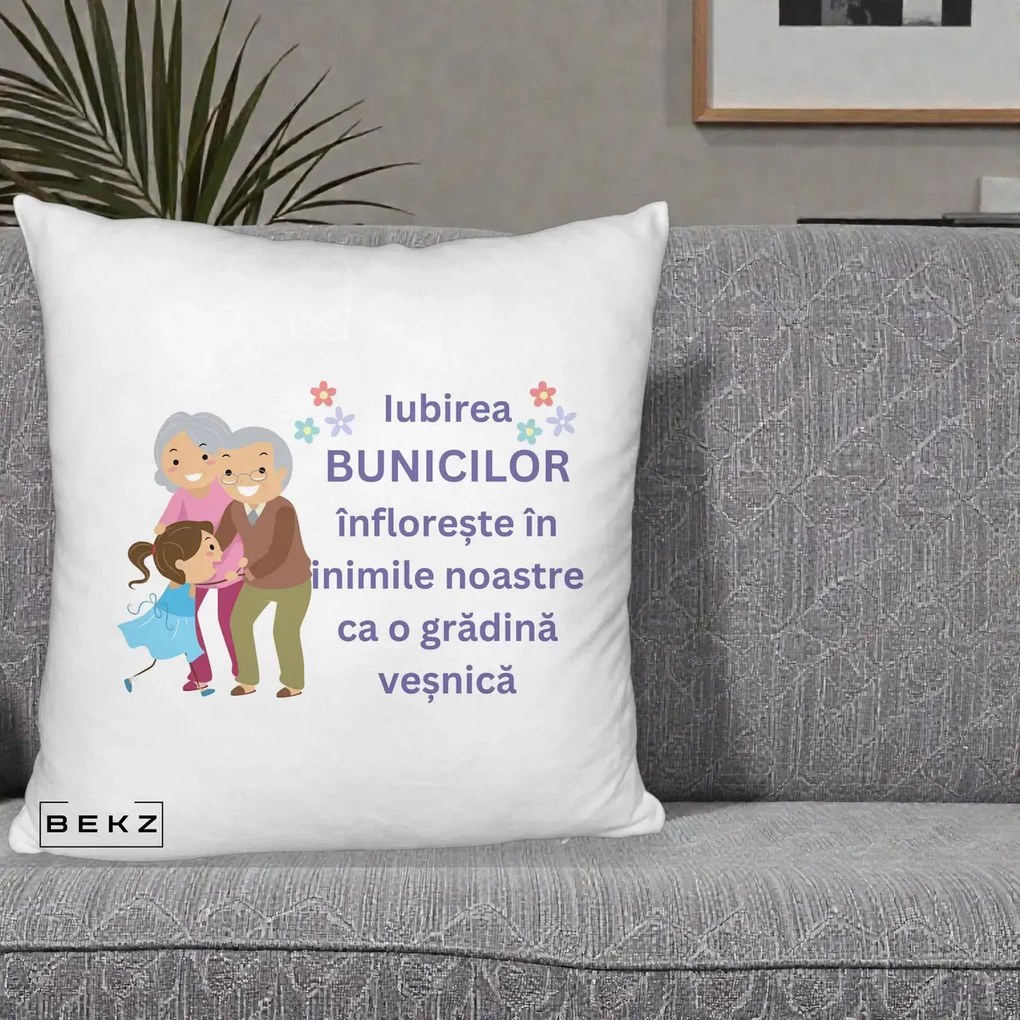 Perna personalizata bunici: Iubirea bunicilor, cu nepoata, text mov, 40x40 cm cu Umplutura, Alb Pufos, BEKZ