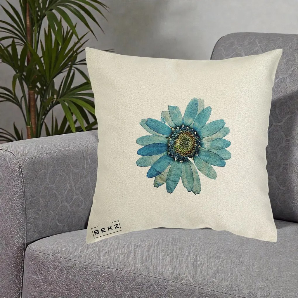 Perna Decorativa Floare Margareta Albastra Acuarela, 40x40 cm, Ecru, Husa Detasabila, Perna Inclusa, BEKZ®